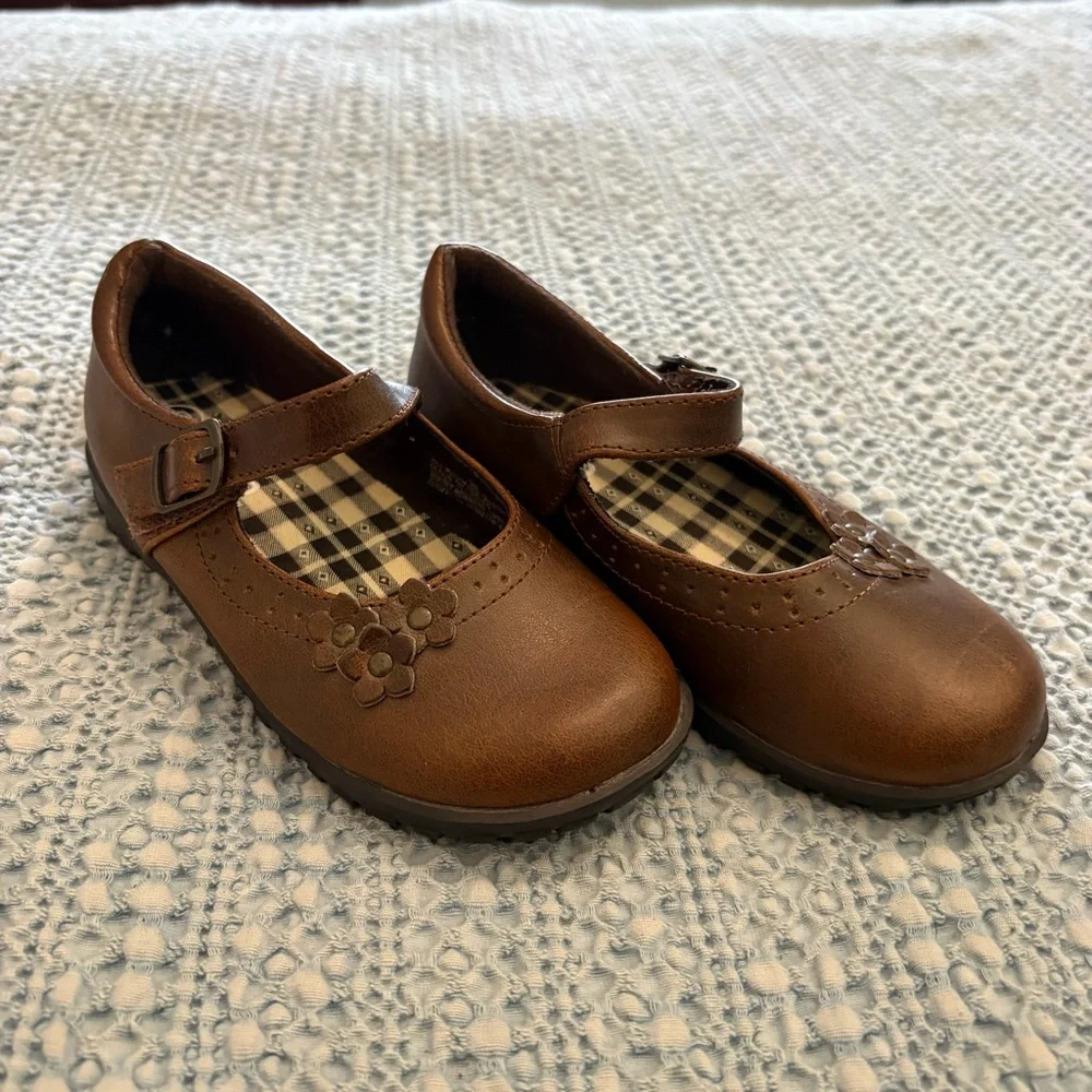 Circo Brown Tan Toddler Dress May Jane Floral Velcro Shoes sz 10T